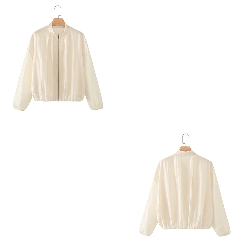 Guobioziy Women's Pleated Flight Jacket 2026 Spring-Autumn New Arrival Off-White Zipper Design Euro-American Casual Trendy Daily