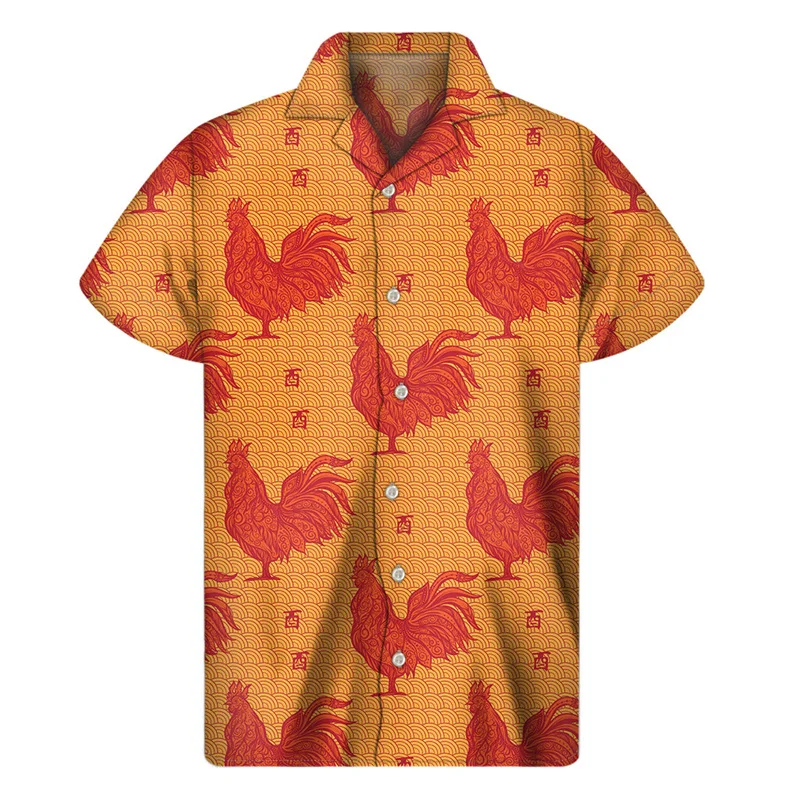 Cartoon Rooster Graphic Shirt Men 3D Print Animal Hawaiian Shirts Summer Button Short Sleeve Tops Street Lapel Aloha Blouse