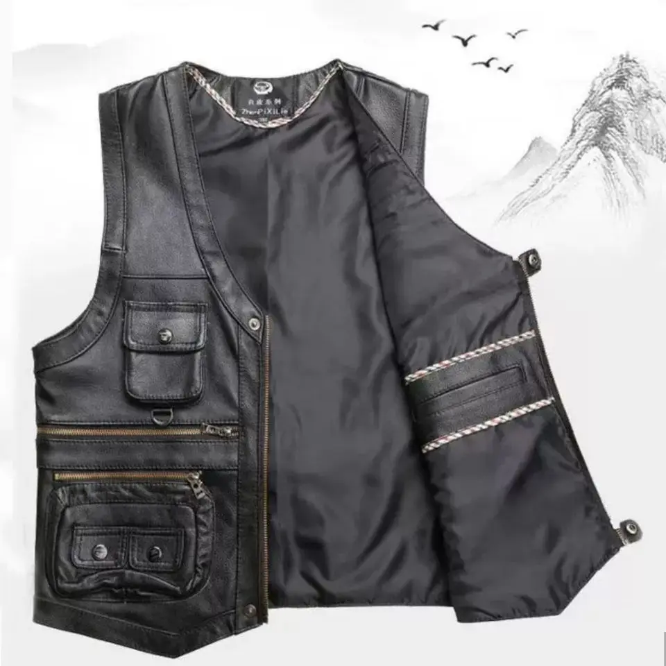 2024 Cowhide Genuine Leather Man Vest Waistcoat Male clothing Jacket Thick Motorcycle Multi Pocket leather biker Men safety vest