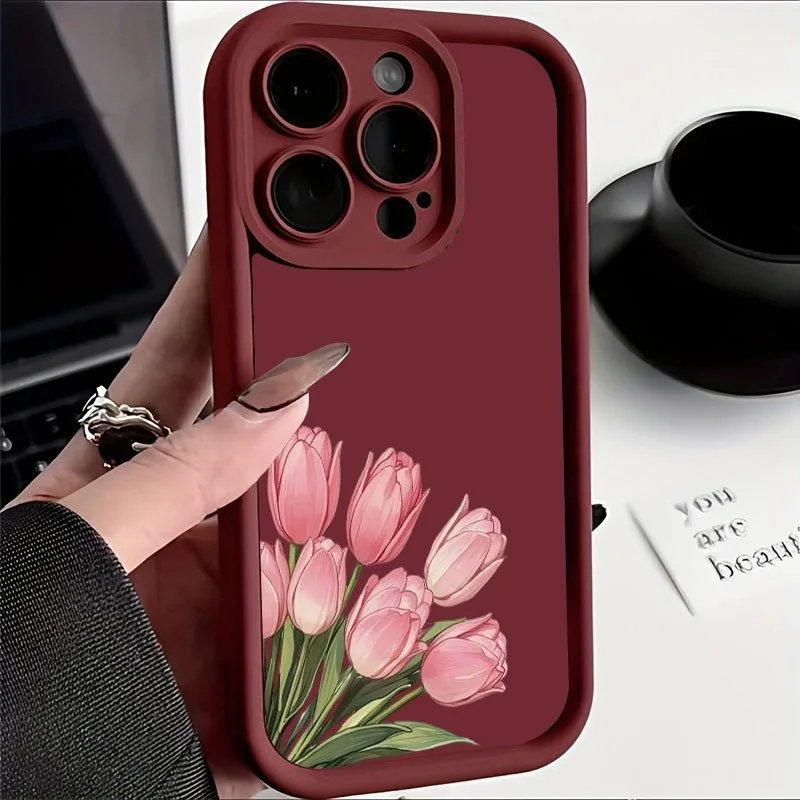 

Case For iPhone 17 16 15 14 Pro Max 13 12 11 7 8 Plus 17E 16E Air XS X XR Pink Tulip Decorative Illustration Pattern Phone Cover