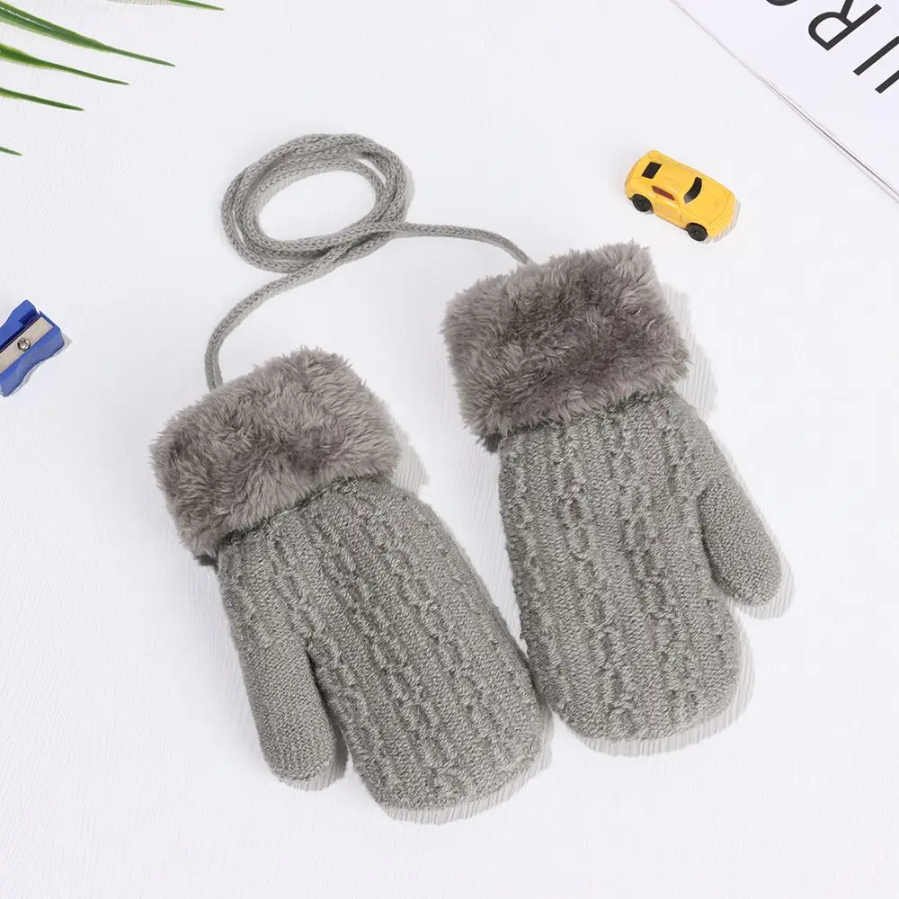 1Pair Children Mittens Winter Wool Knitted Gloves Faux Fur Thick Warm Cartoon Baby Boys Girls Hanging Neck Gloves For 1-4 Years