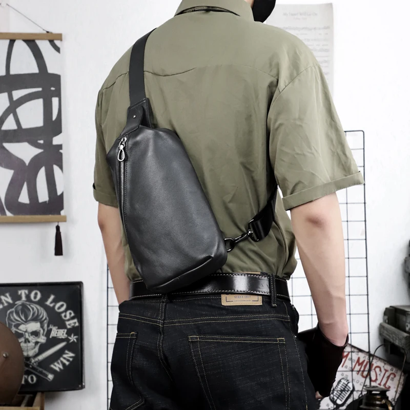 Men's Genuine Leather Chest Bag Multi-function Shoulder Bag Travel Storage Messenger Bags Hardware Zipper Pack