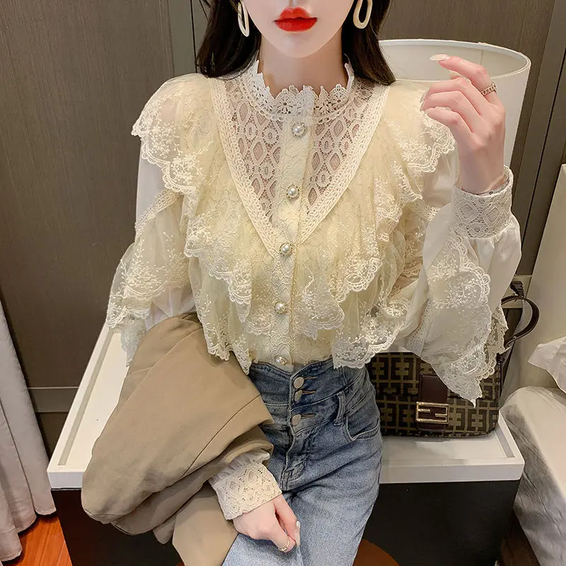 

Korean Style Stand Collar Blouse 2025 Spring Autumn Ruffles Lace Insert Long Sleeve Shirt Women Elegant Feminine Design Chic Top