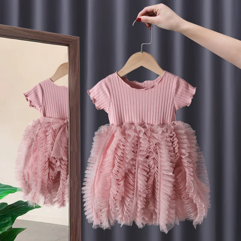 

2024Summer New Children's Clothing Girls' Baby Dress Princess Tulle Skirt Western Style Puffy Stitching Cake Dress Summer Dress