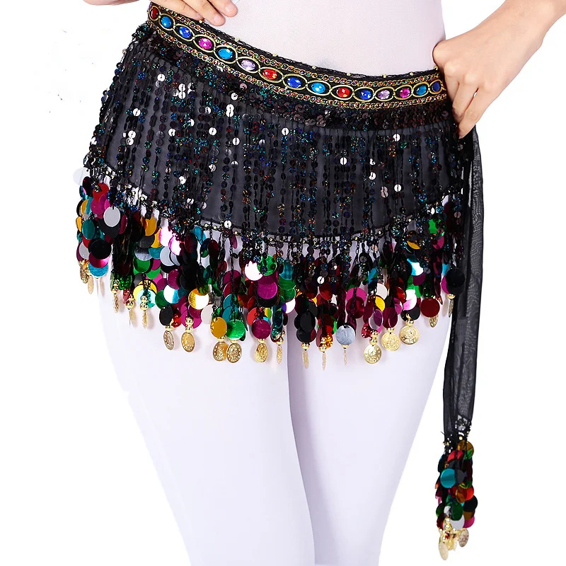 Sequins Coins Belly Dance Hip Scarf for Women Bellydance Lesson Wear Belt Skirt Chain Carnival Rave Outfit Halloween Costume