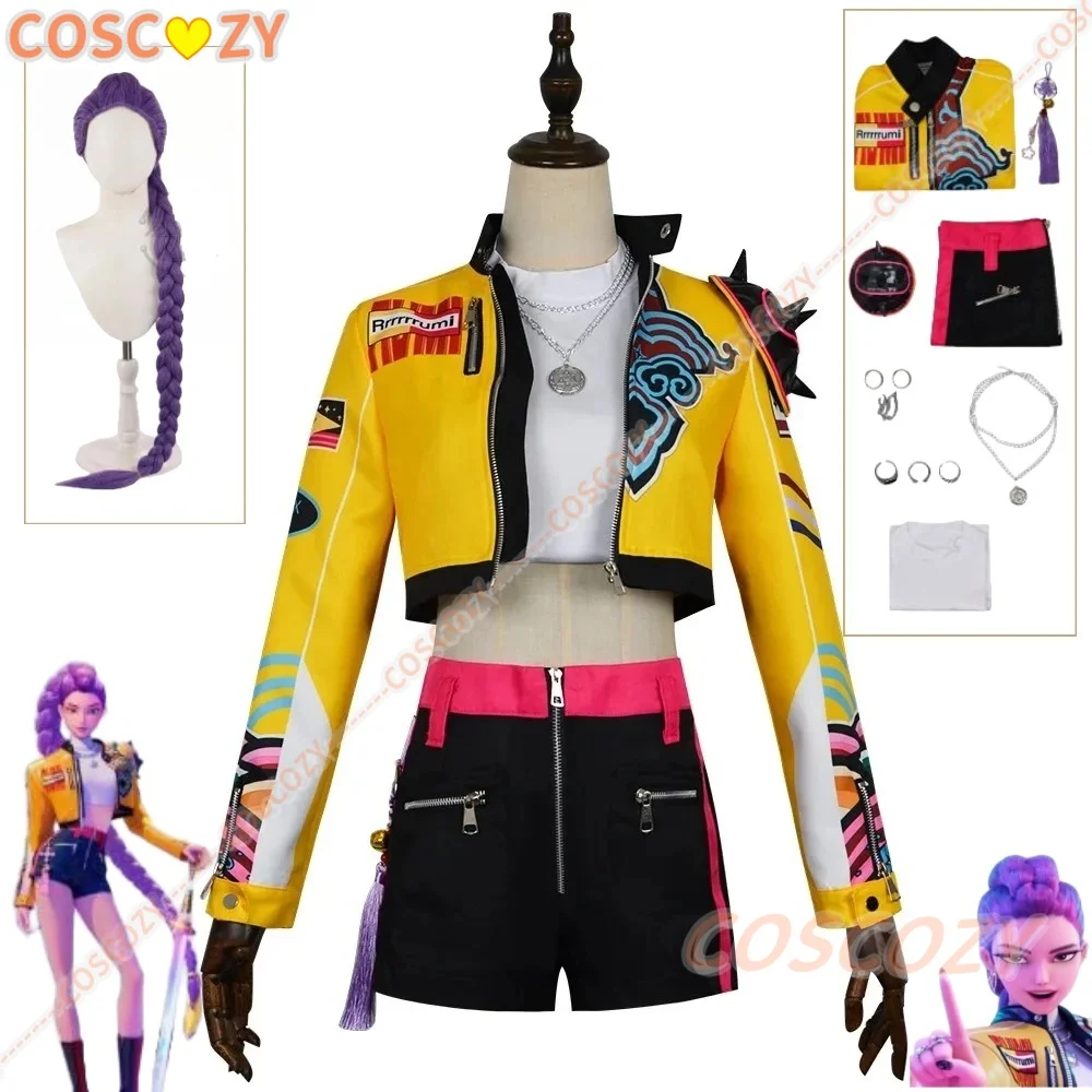 KPop Demon Hunters Rumi Cosplay disfraz peluca chaqueta estampada amarilla mujer Huntrix uniforme pendientes accesorios fiesta de Halloween niñas Cos