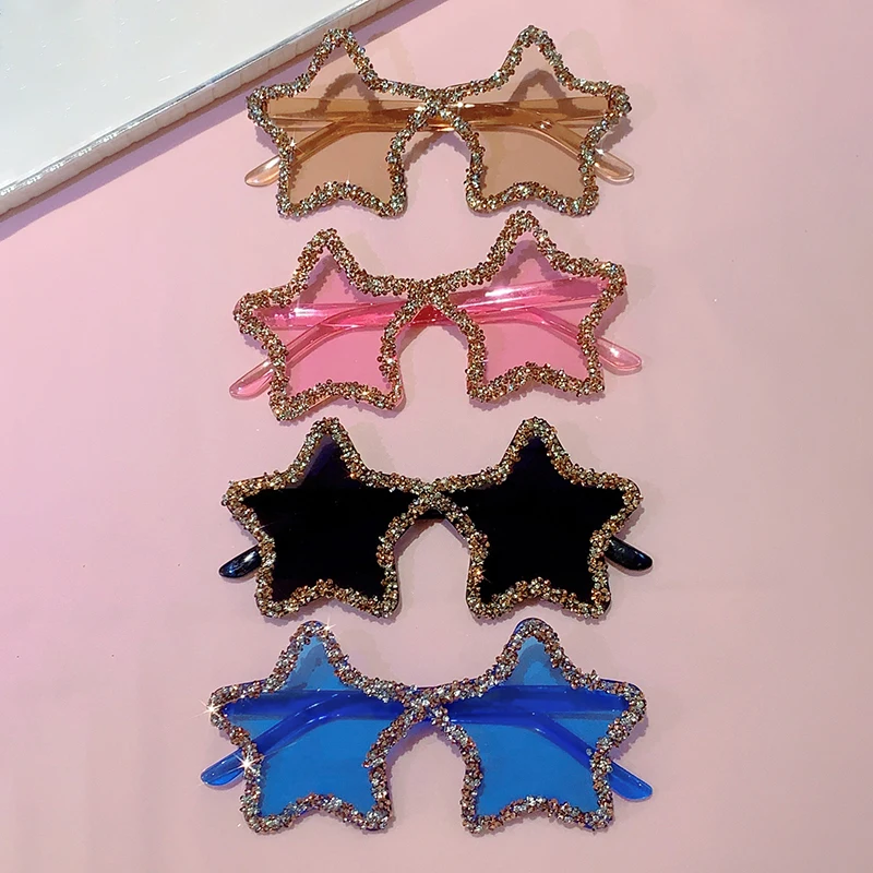 KAMMPT Luxury Crystal Star Shape Sunglasses Women Trends Rhinestone Shiny Sun Glasses Chic Rimless Personalized Shades for Decor