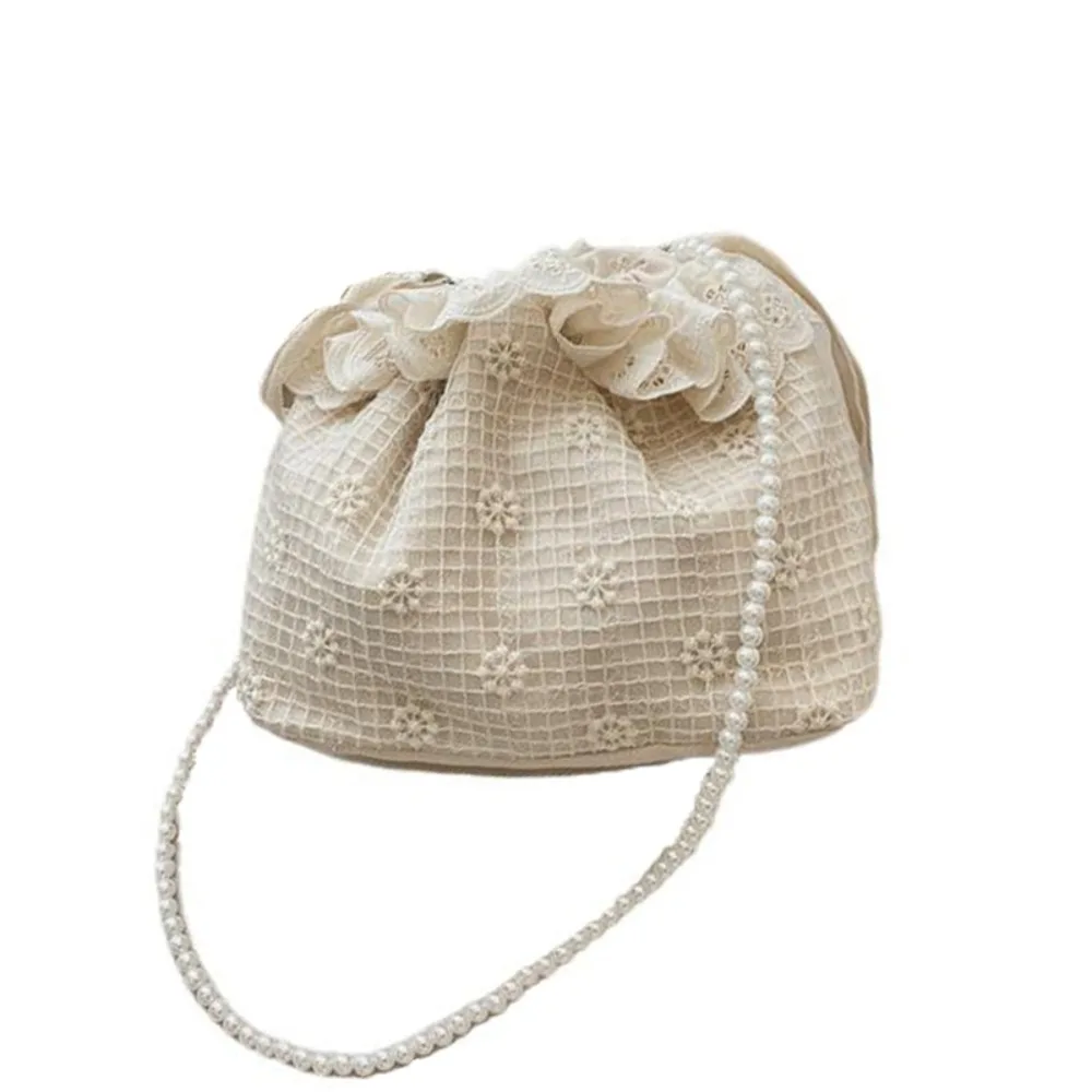 

Korean Style Drawstring Lace Flower Bag Printing Pearls Chain Bundle Pocket Portable Embroidery Bundle Bucket Handbag Women