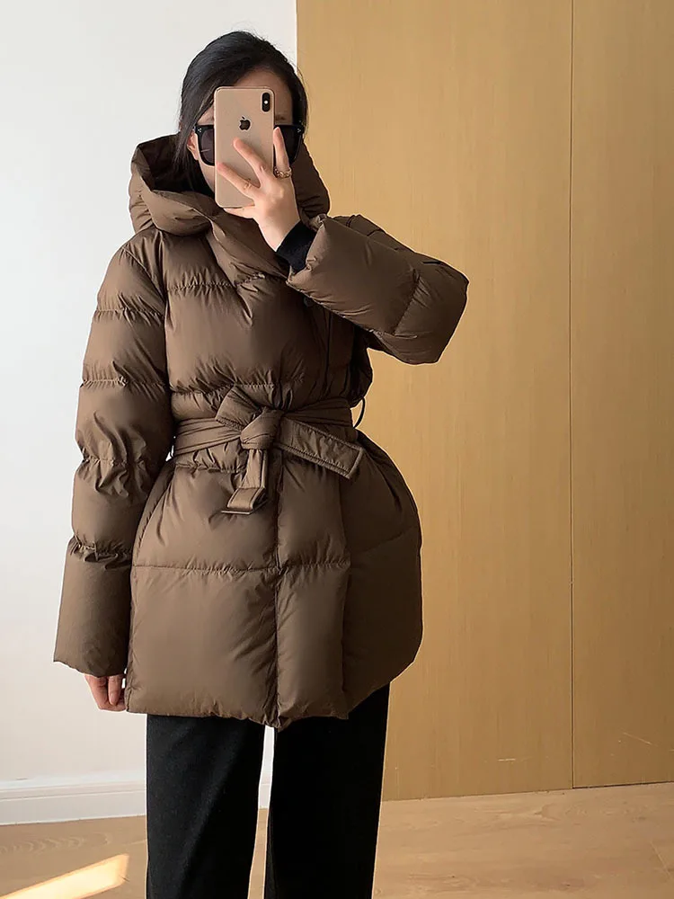 

Women's Hooded Winter Down Jacket Warmth Belted Parkas Outerwear Female High-end Simple Casual Fluffy 90% White Duck Down Coats