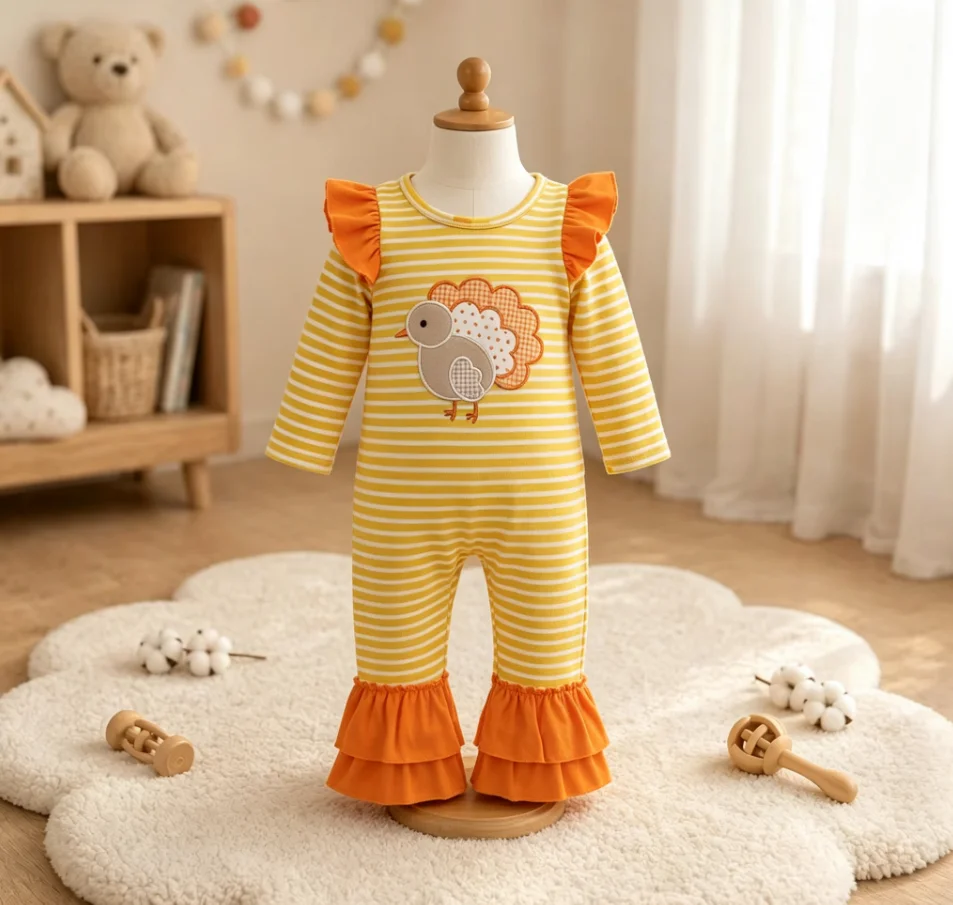 Wholesale Kids Newborn Coverall Bodysuit Baby Girl Toddler Thanksgiving Children Embroidery turkey Stripes Orange Ruffle Romper