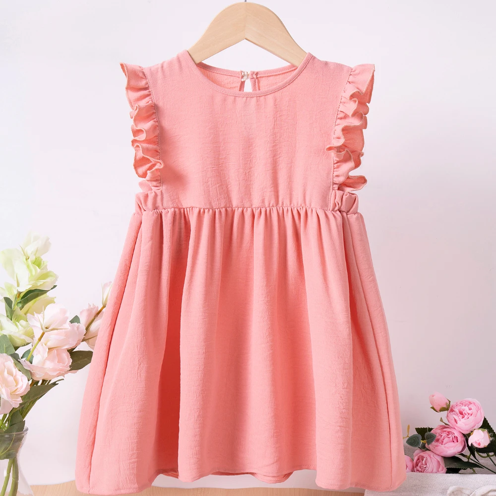 Summer Girls Solid Color Dresses Ruffle Fashion Dresses Casual Comfortable Girls Clothing 0-5Y