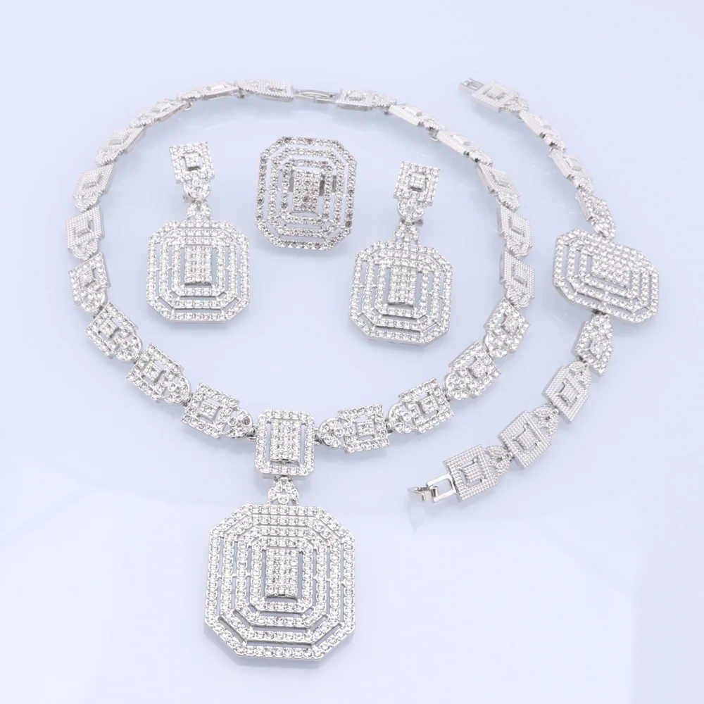 CYNTHIA Silver Plated Jewelry Sets For Women Necklace Earrings Bracelet Ring Dubai African Indian Bridal Accessory