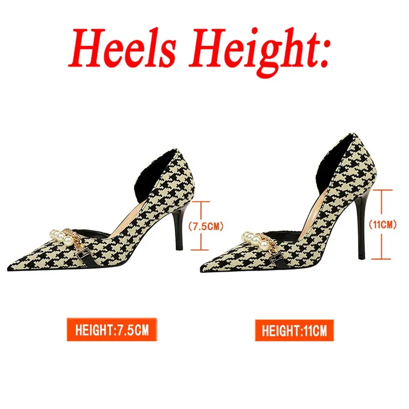 New Women 7.5cm 11cm High Heels Pumps Sexy Pointed Toe Bigtree Heels Lady Pearl Metal Chain Scarpins Stiletto Zebra Plaid Shoes