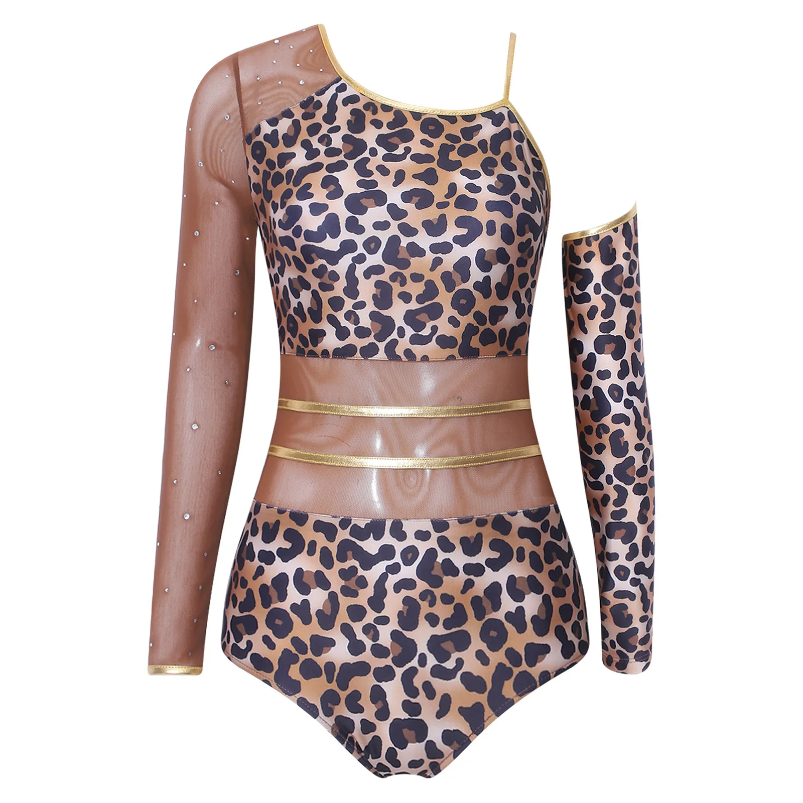Women Caveman Primitive Man Asymmetrical Leotard with An Oversleeve One Shoulder Mesh Long Sleeve Buttoned Crotch Bodysuit
