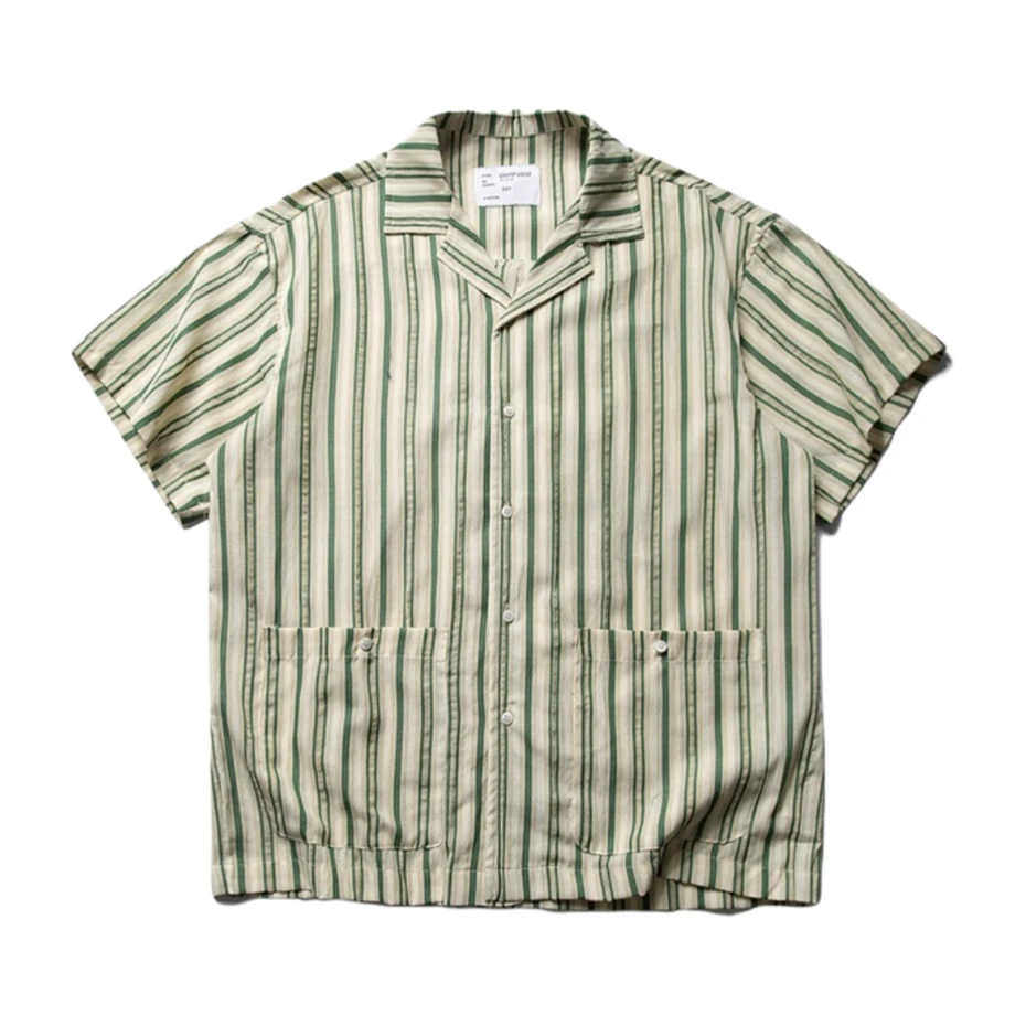 

Vintage Cargo Striped Shirts Mens Streetwear Harajuku Short Sleeve Shirt Men Japan Style Large Pockets Loose Casual Blouse Male
