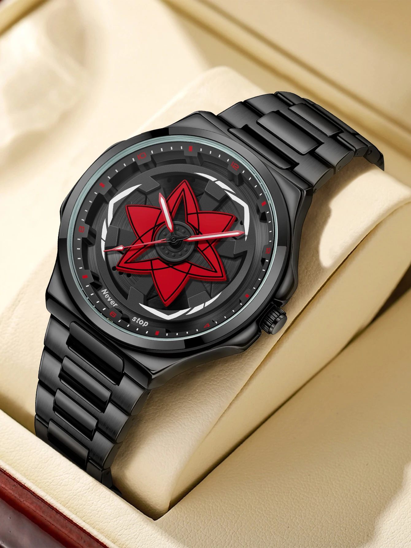 

Мужские часы со стальным ремешком — черный крутой стиль, модный вращающийся циферблат, креативный праздничный подарок