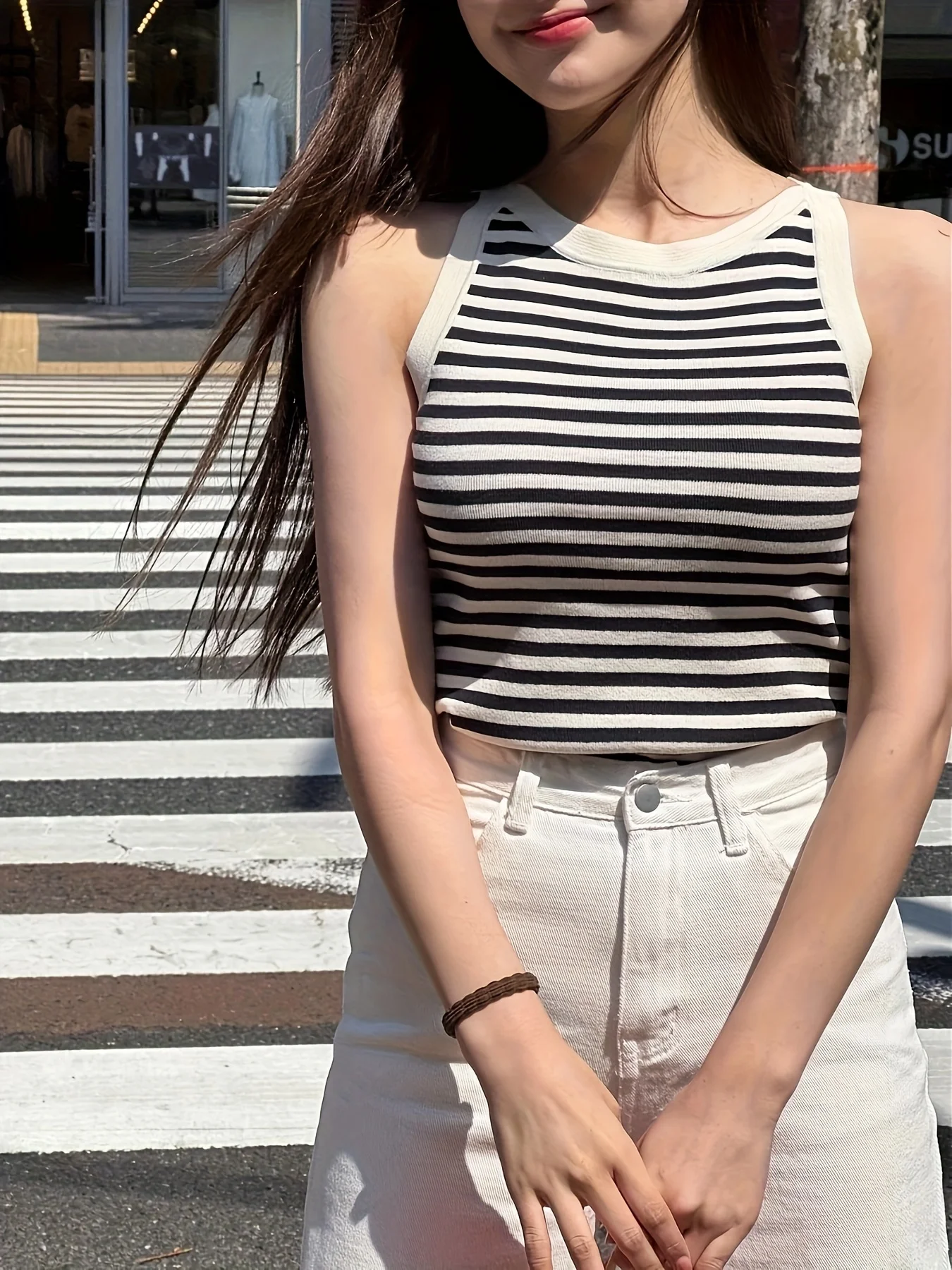Summer women's striped slim-fitting round-neck student T-shirt top vest