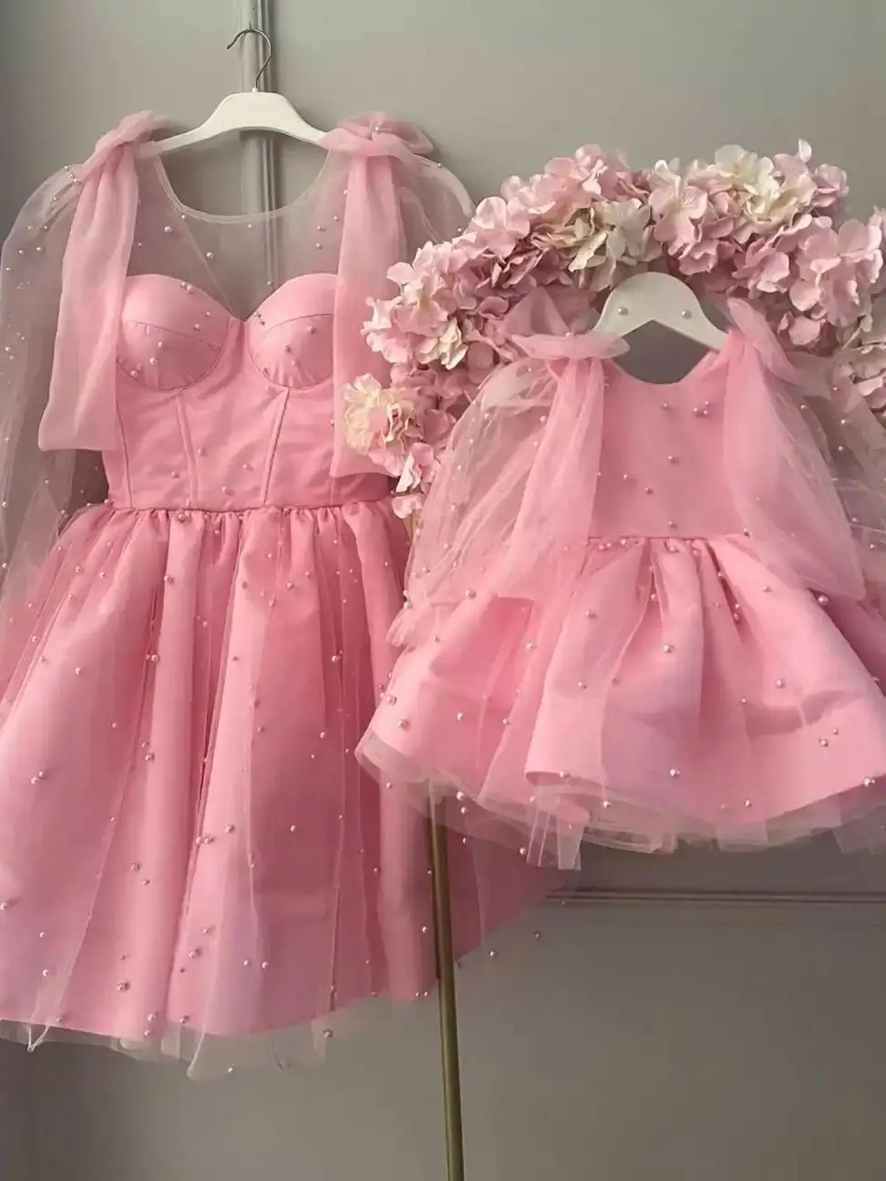 Roze mama en mij Tutu jurk met parels moeder dochter bijpassende verjaardag jurken voor fotoshoot familie bijpassende jurk outfit - afbeelding 2