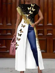 Casual Gold Butterfly Print Long Dress Elegant Women Short Sleeve Loose Pullover Dress Fashion O Neck High Slit Party Dress 2022