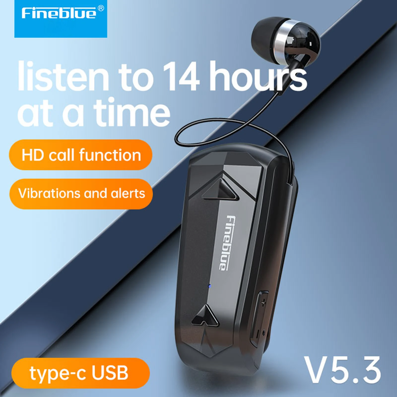 Fineblue F520 سماعة رأس لاسلكية للأعمال BT5.3 داخل الأذن قابلة للسحب سماعة أذن رياضية بدون استخدام اليدين مشبك تلسكوبي على St