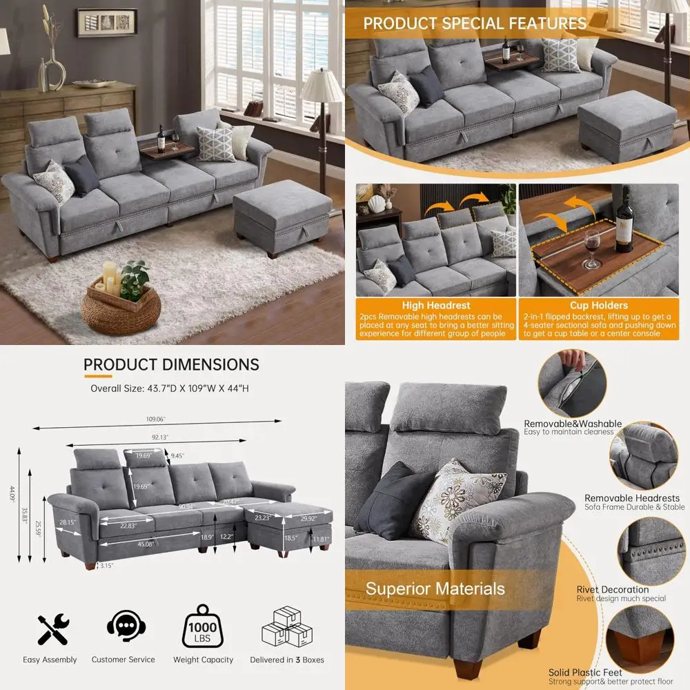 

Современный 4-местный секционный L-образный диван с местом для хранения и шезлонгом, диван из ткани из микрофибры с подстаканниками