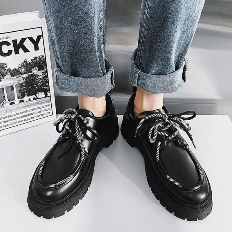 Men Low Shoes for Men Thick Bottom Punk British Style Design Platform Black Lace Up Casual Loafer Shoes Zapatillas Hombre