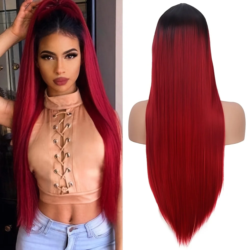 Synthetic Ombre Black To Red Straight Bob Wigs Natural Looking Middle Part Heat Resistant Fiber Wigs For Daily Cosplay Party image 2