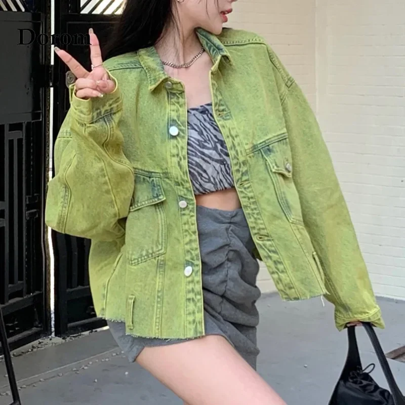 Fashion Green Denim Jacket Harajuku Long Sleeve Vintage Casual Jacket Female Tops Spring Autumn Street Loose Hip Hop Jeans Coat