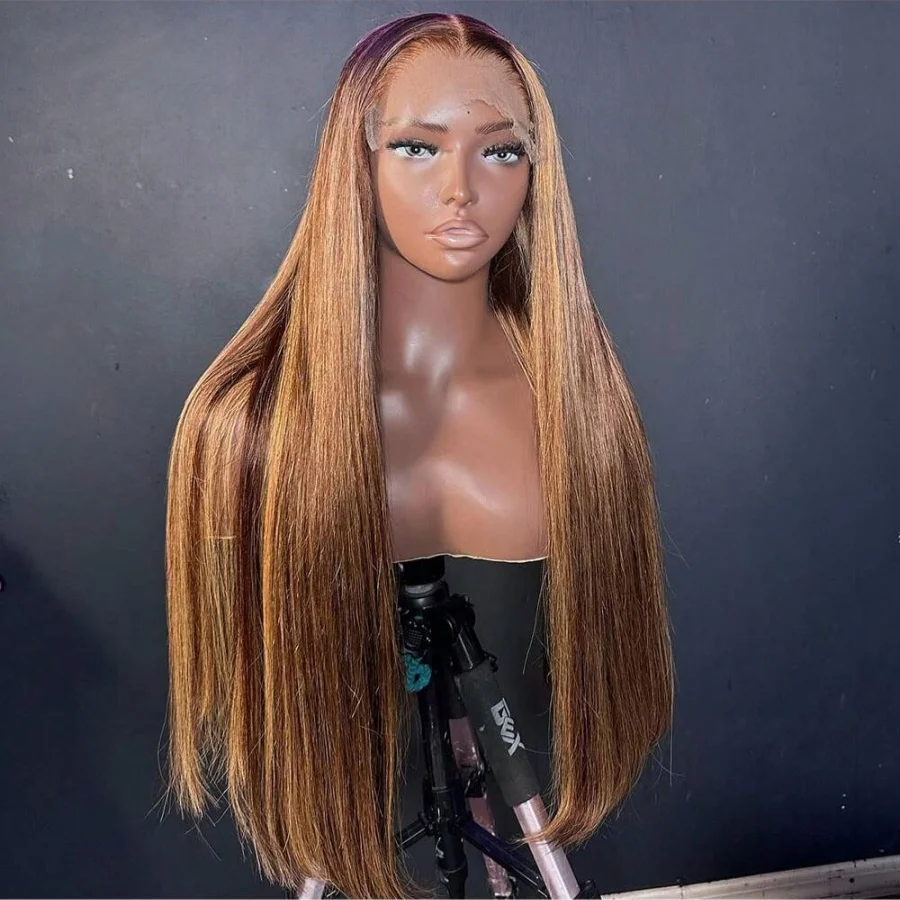 200% تسليط الضوء على شعر مستعار 13x4 HD الدانتيل الشفاف الباروكات الأمامية العسل شقراء شعر طبيعي مفرود الباروكات للنساء 34 بوصة قبل قطعها