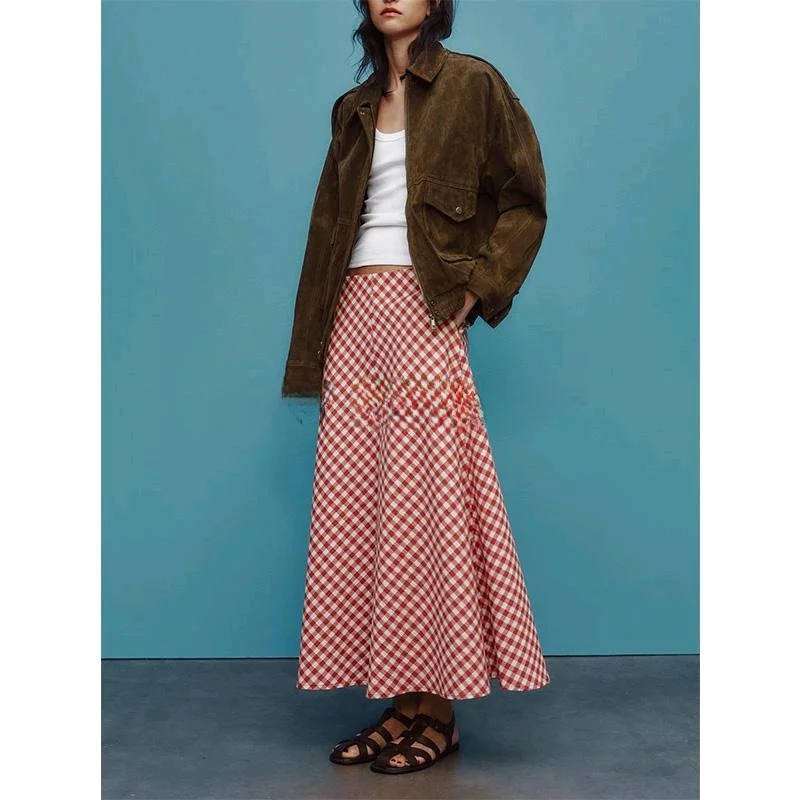 

Spring New Arrival High Waist Plaid Midi Skirt Sweet And Spicy Sle Commute A-Line Skirt Polyester Fiber 00% Midi Skirt