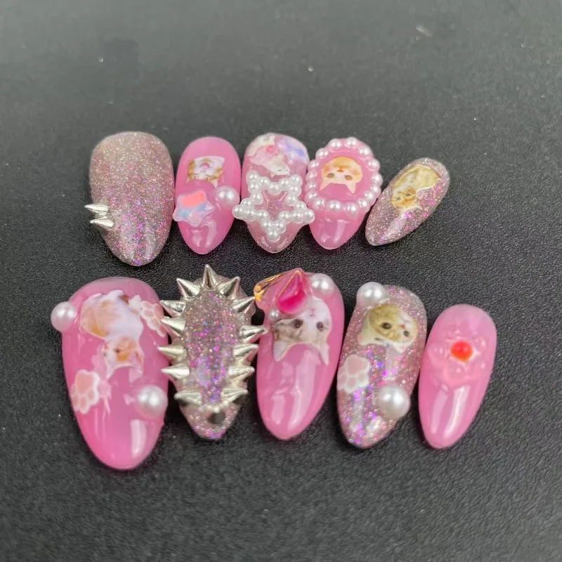 

10 шт. розовые миндалевидные типсы ручной работы с жемчугом, милый кот, узор, печатный дизайн, пресс на ногтях, корейские накладные ногти Y2k
