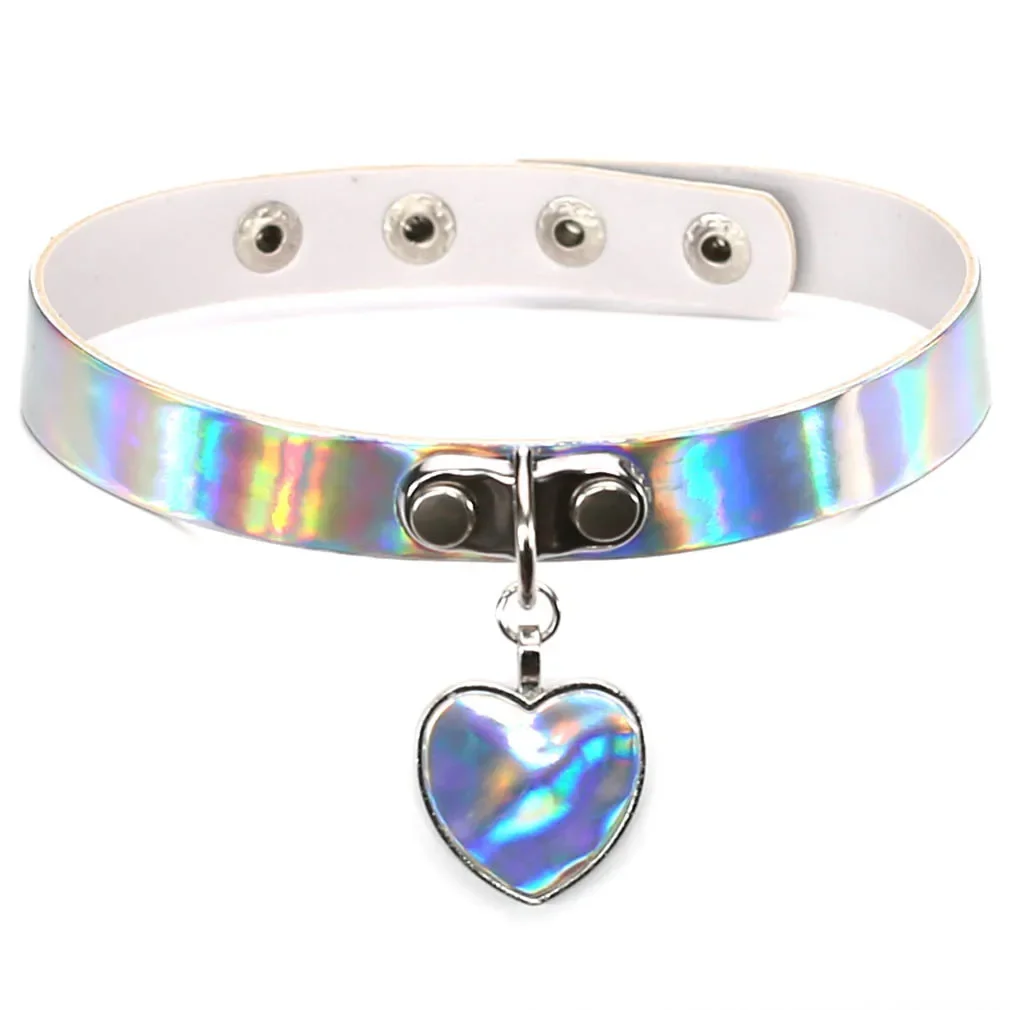 Punk Personality Fashion Harajuku Soft girl Simple Heart shape Laser Multicolored Leather Alloy Clavicle chain Necklace