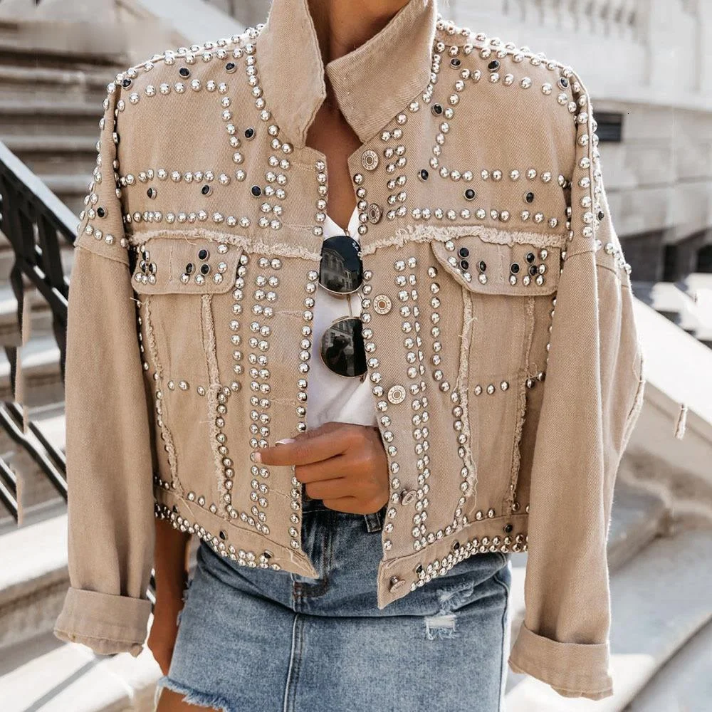 Rivet Studded Denim Jacket 2023 New Autumn Loose Outwear Female New Students Casual Short Jeans Coats Jacket Women Outwear