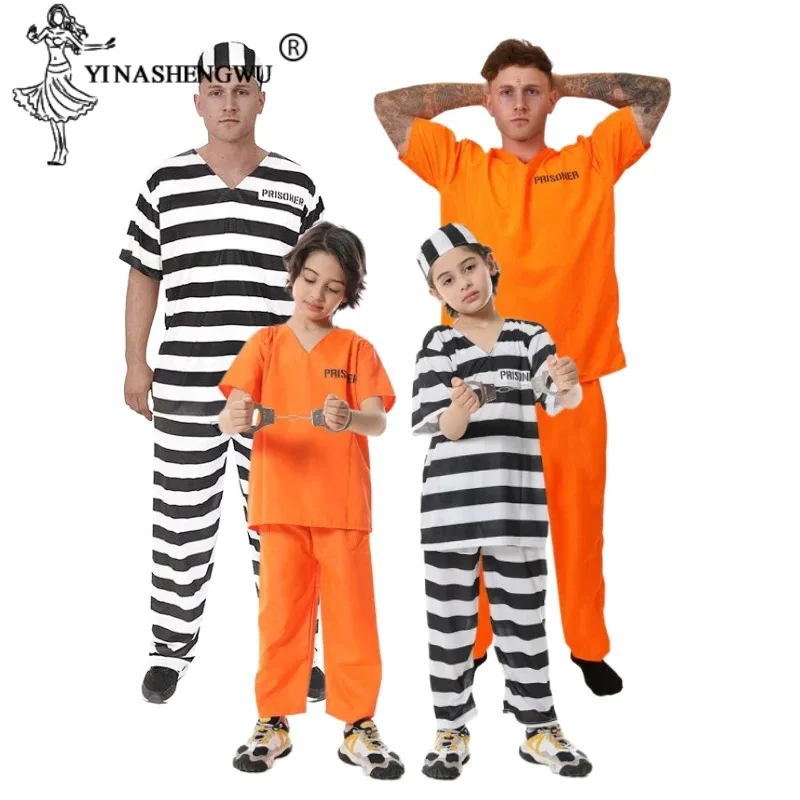 Inmate Cosplay Costume Orange Prisoner Jumpsuit Jailbird Outfit For Adult Child Set Halloween Christmas Costume Family Clothing