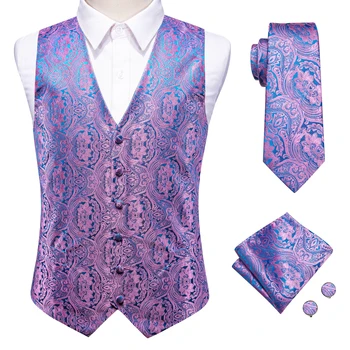 Wedding Purple Men Vest Paisley Floral Necktie Handkerchief Cufflinks Sets Blue Green Red Male Sleeveless V-Neck Waistcoat Party 4