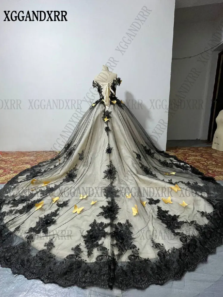 Luxury Black Ball Gown Quinceanera Dress 2024 Off Shoulder Long Train Sweet 15 16 Year Birthday Party Real Vestidos De XV Años