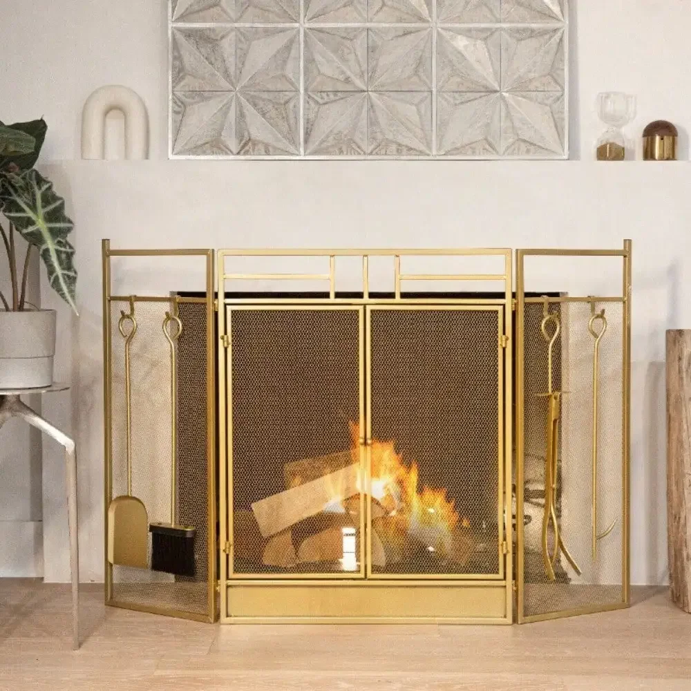 Fireplace 3 Panel Screen Spark Guard Hinged Doors With Tool Gold