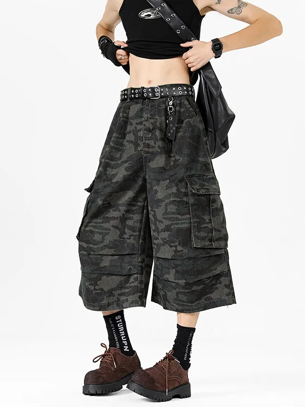 

Складные камуфляжные мужские джинсы-бриджи (7/8 длины) для лета, американского стиля, больших размеров, рабочая одежда, свободные прямые брюки с широкими штанинами