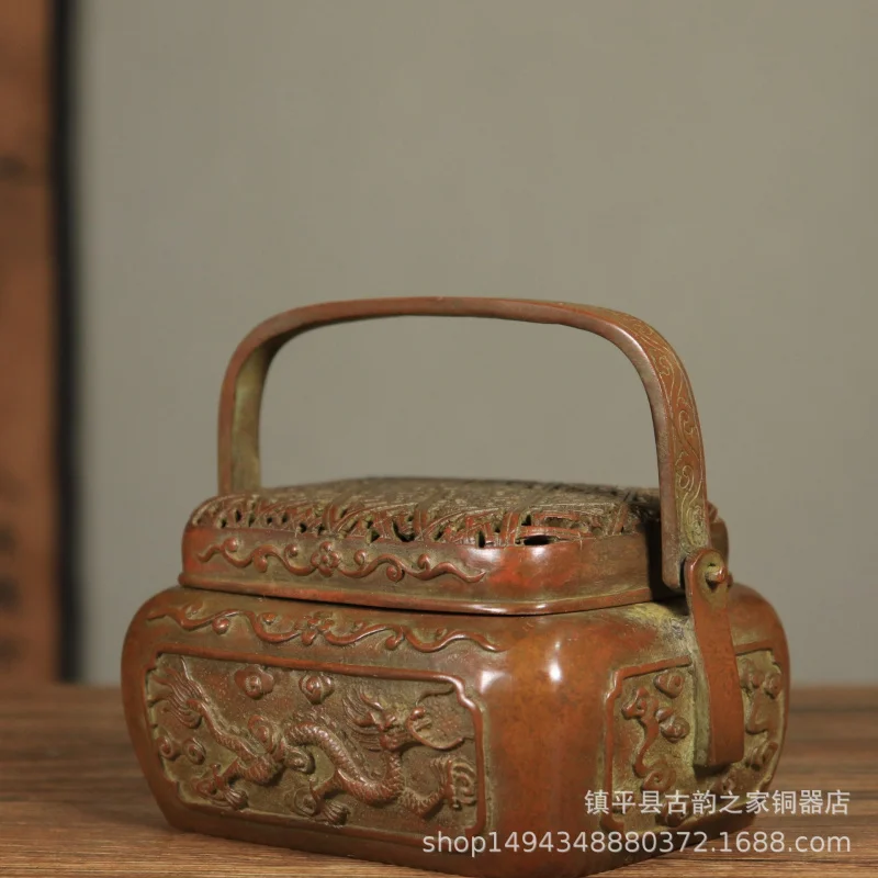 Wholesale Brass Double Dragon Playing with Pearls Handle Hollow Handheld Incense Burner Hand Warmer Home Office Tea Ceremony Orn