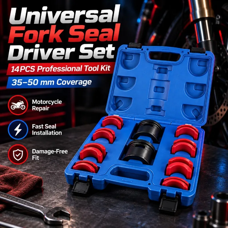 Universal Motorcycle Fork Seal Driver Kit 14Pc 35-50mm Oil Seal Installation Tool Set with 6 Size Adapters and Carry Case