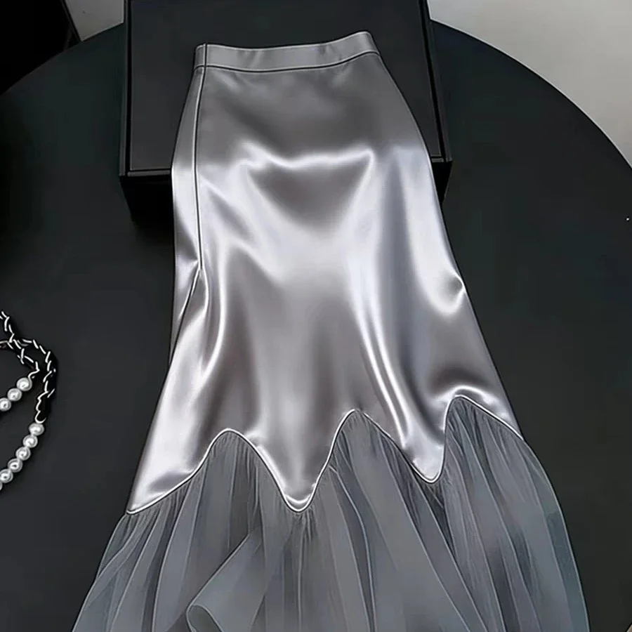 

Silver Satin Mermaid Skirt with Tulle Ruffle Hem Floor Length Slim Fit Formal Evening Skirt for Women