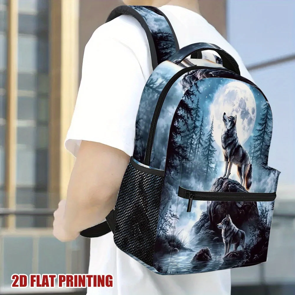 Night Moon Howling Wolf Print Backpack Forest Wildlife Pattern School Bag Casual Daypack for Teens Students Wolf Lovers