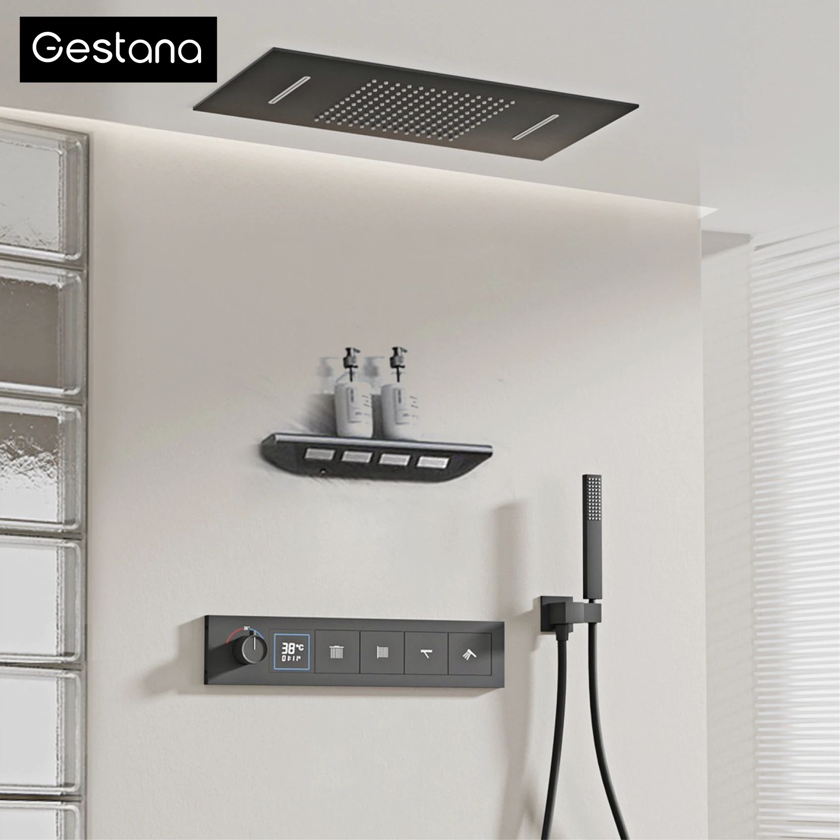 Badezimmer-Thermostat-Duschset aus schwarzem Messing mit LED-Digitalanzeige und Deckendesign, Wandmontage mit 4-Funktionen-Duschsystem