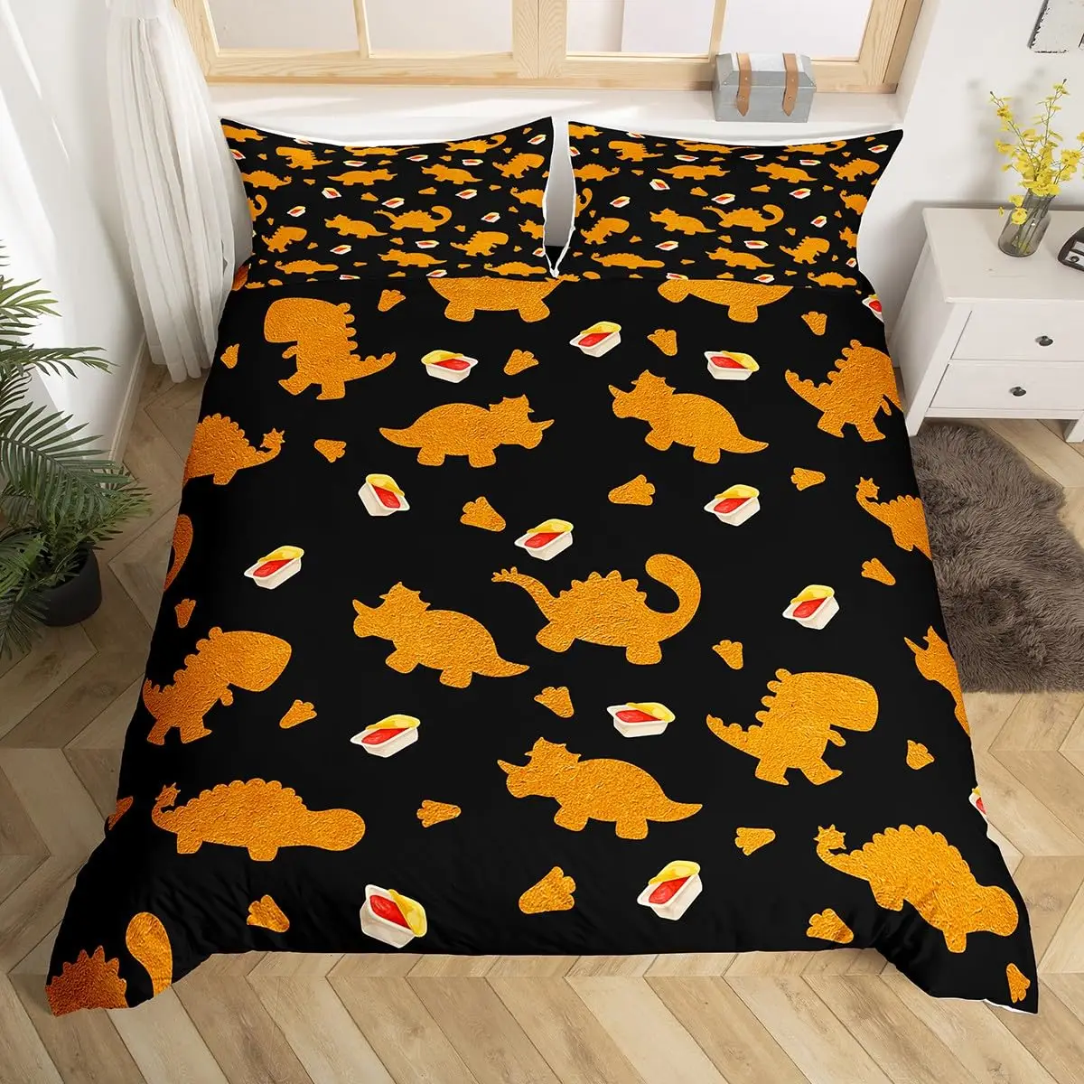 Fried Chicken Duvet Cover King Full Chicken Nuggets Print Bedding Set for Kids Snack Comforter Cover Funny Meat Food Quilt Cover