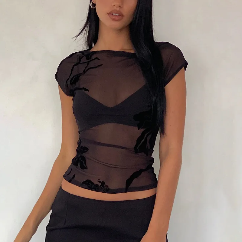 

Summer New Solid Color Mesh Lily Flower Plush Perspective Spicy Girl Retro Top
