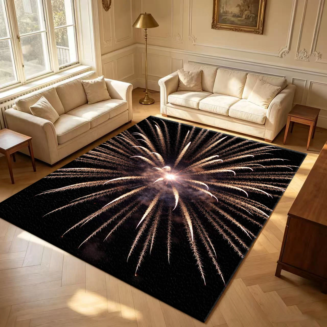 Golden Firework Burst Night Sky carpet flooring Festival Celebration Decor Floor Mat