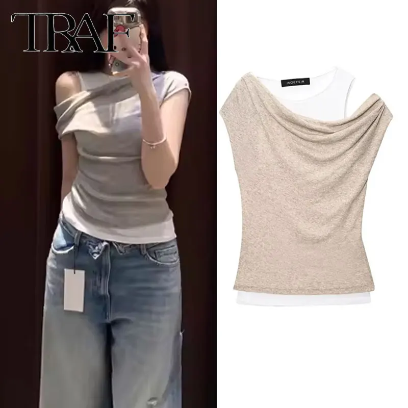 

Женская футболка TRAF, летняя асимметричная сексуальная мини-двухслойная футболка для женщин, новинка 2025, модные повседневные топы без рукавов