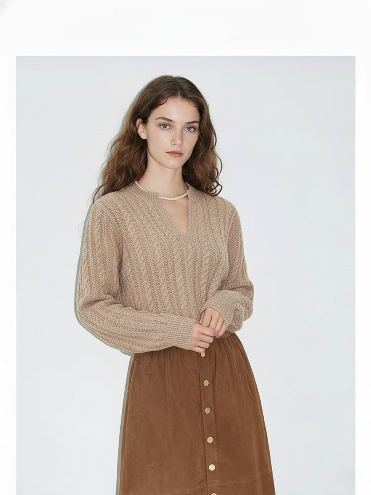 

Женский вязаный свитер с V-образным вырезом, узором «косы» и цветочным дизайном, из смесовой шерсти, с длинными рукавами, пуловер, верхняя одежда