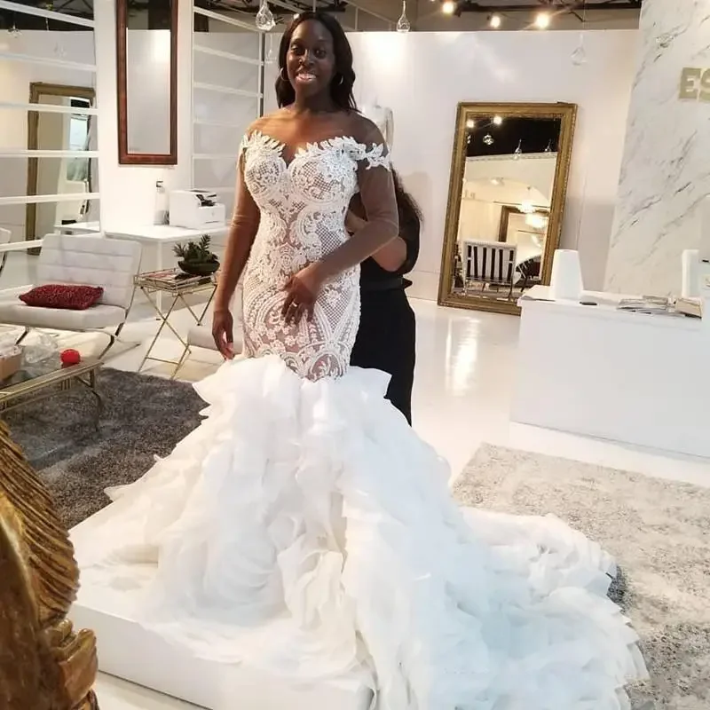 Vestidos de novia de sirena de lujo personalizados, falda con volantes, vestidos de novia árabes africanos de talla grande