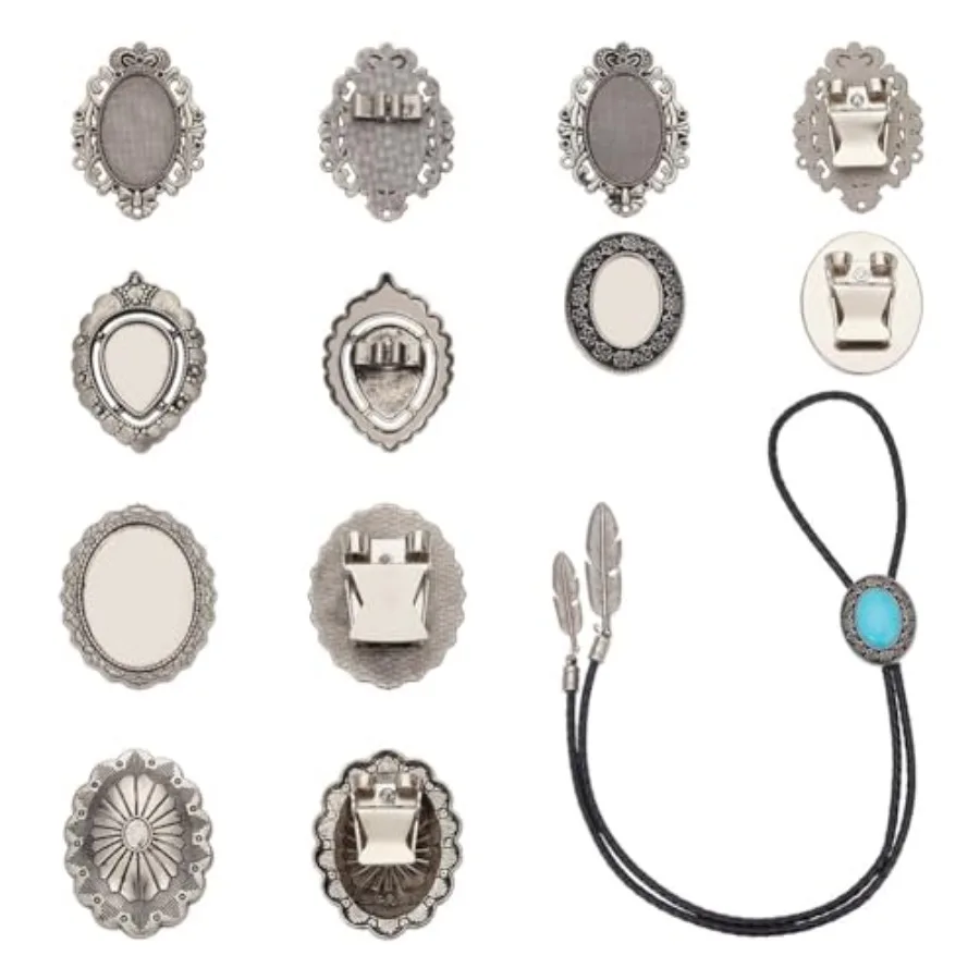 

6 Pcs Bolo Tie Buckle, 6 Styles Antique Silver Alloy Slides Clasp Cabochon Settings Findings Blank for Making, Tray: 0.31-1.54x